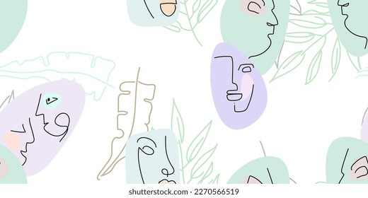 Face line pattern. Abstract drawing seamless pattern. Vector Modern minimal art. Graphics contour background. Continuous one line drawing. Linear design woman and man faces. Beauty modern print.