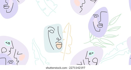 Face line pattern. Abstract drawing seamless pattern. Vector Modern minimal art. Graphics contour background. Continuous one line drawing. Linear design woman and man faces. Beauty modern print.