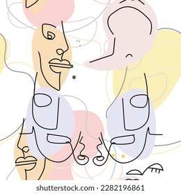 Face line pattern. Abstract drawing seamless pattern. Vector Modern minimal art. Graphics contour background. Continuous one line drawing. Linear design woman and man faces. Beauty modern print.