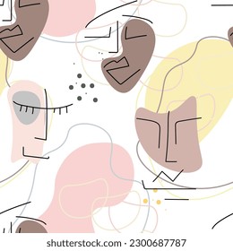 Face line pattern. Abstract drawing seamless pattern. Vector Modern minimal art. Graphics contour background. Continuous one line drawing. Linear design woman and man faces. Beauty modern print.
