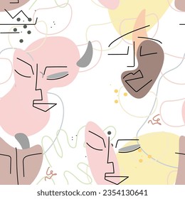 Face line pattern. Abstract drawing seamless pattern. Vector Modern minimal art. Graphics contour background. Continuous one line drawing. Linear design woman and man faces. Beauty modern print.
