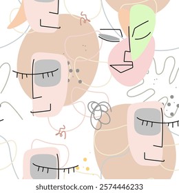 Face line pattern. Abstract drawing seamless pattern. Vector Modern minimal art. Graphics contour background. Continuous one line drawing. Linear design woman and man faces. Beauty modern print.
