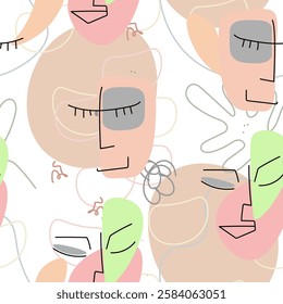 Face line pattern. Abstract drawing seamless pattern. Vector Modern minimal art. Graphics contour background. Continuous one line drawing. Linear design woman and man faces. Beauty modern print.