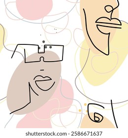 Face line pattern. Abstract drawing seamless pattern. Vector Modern minimal art.  Graphics contour background. Continuous one line drawing. Linear design woman and man faces. Beauty modern print. 