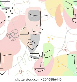 Face line pattern. Abstract drawing seamless pattern. Vector Modern minimal art. Graphics contour background. Continuous one line drawing. Linear design woman and man faces. Beauty modern print.