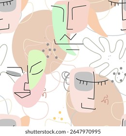 Face line pattern. Abstract drawing seamless pattern. Vector Modern minimal art. Graphics contour background. Continuous one line drawing. Linear design woman and man faces. Beauty modern print.