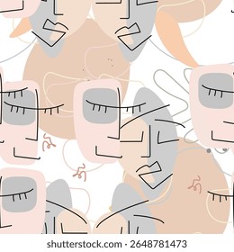 Padrão de linha de face. Padrão sem costura de desenho abstrato. Vetor Arte moderna mínima. Contorno gráfico plano de fundo. Desenho contínuo de uma linha. Desenho linear de rosto de homem e mulher. Beleza impressão moderna.