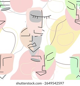 Face line pattern. Abstract drawing seamless pattern. Vector Modern minimal art. Graphics contour background. Continuous one line drawing. Linear design woman and man faces. Beauty modern print.