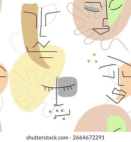 Face line pattern. Abstract drawing seamless pattern. Vector Modern minimal art. Graphics contour background. Continuous one line drawing. Linear design woman and man faces. Beauty modern print.