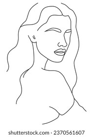 The face is a line. Portrait by line. Drawing of a woman. Artistic drawing of the female face line. Minimalistic feminine illustration for wall decor, print, poster, social networks.