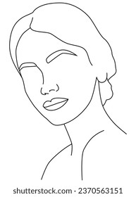 The face is a line. Portrait by line. The face of a young girl with her eyes closed, drawn in one line. Abstract portrait.