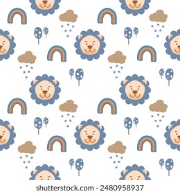 Face lion blue cartoon so cute. On cloud rain tree rainbow white background. Pattern seamless vector illustration. 