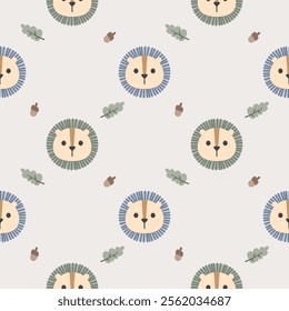 Face Lion cartoon so cute. On leaf acorn background. Pattern seamless vector illustration. 
