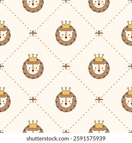 Face lion and crown cartoon so cute. Pattern seamless vector illustration. 