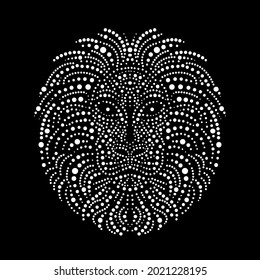 The face of a lion and his mane made of white dots and circles on a black background. Trendy vector print. Effect like jewelry or embroidery.