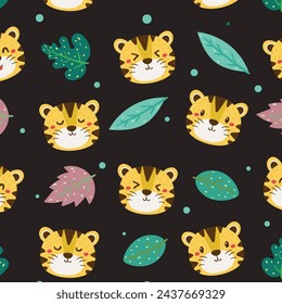 The face of a lion on a tropical background, different emotions. Hand-drawn illustration in Scandinavian style. Vector seamless pattern with texture and ornamental elements. Wild animals in the jungle
