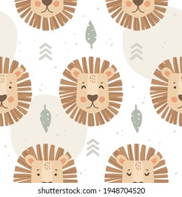 The face of a lion on a white background, different emotions. Hand-drawn illustration in Scandinavian style. Vector seamless pattern with texture and ornamental elements. Wild animals in the jungle