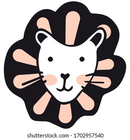 Cara de león con mejillas rosadas, bigote y mané negro y rosa sobre fondo blanco. Bonito dibujo a mano. Hermoso y aislado bozal sonriente del rey de las bestias al estilo escandinavo. Vector.