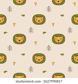 Face lion yellow and green cartoon so cute. On leaf tree flower background. Pattern seamless vector illustration. 