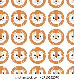 Face of lions on a white background. Seamless pattern with animal faces. Animal for design of children's products in a cartoon flat style. Vector illustration.