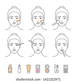 Face, lips, eyes makeup, applying cosmetics vector icons