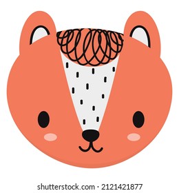 Face of little cute fox on a white background. Lovely isolated stylized in Scandinavian style cartoon mask for toddlers. Vector.