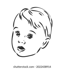 Face of little girl, Hand drawn illustration isolated black lines on white, Vector sketch
