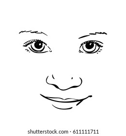 Face of little girl, Hand drawn illustration isolated black lines on white, Vector sketch