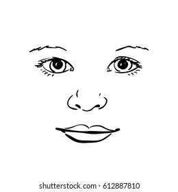 Face of little girl, Hand drawn illustration isolated black lines on white, Vector sketch