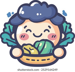 Face logo with a basket of vegetables