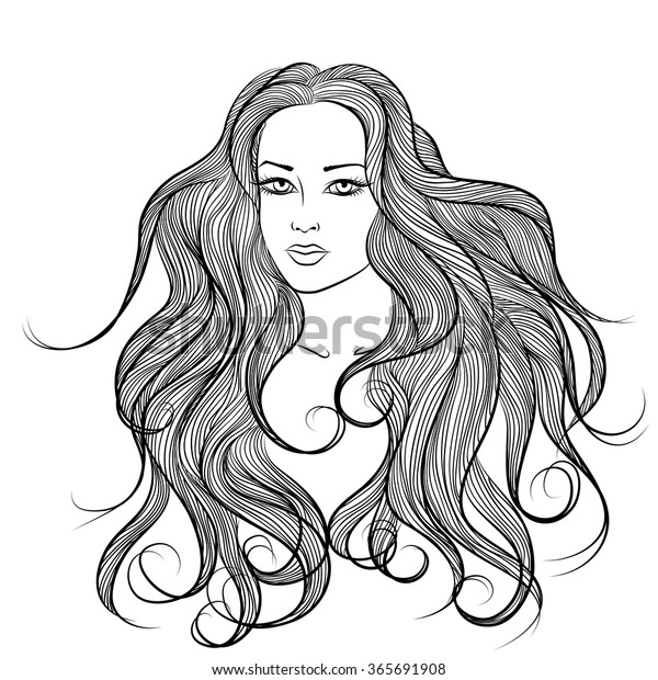 Face Long Hair Girl Outline Monochrome Stock Vektorgrafik