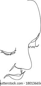 The face looks down. Eyelashes and lips. Portrait. One continuouse line art. Vector.
