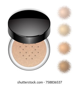 Face loose makeup powder with swatches. Vector realistic cosmetic powder in the black round glossy plastic case. Isolated on white background. Top view.