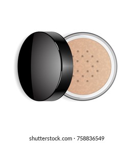 Face loose makeup powder. Vector realistic cosmetic powder in the black round glossy plastic case. Isolated on white background. Top view.