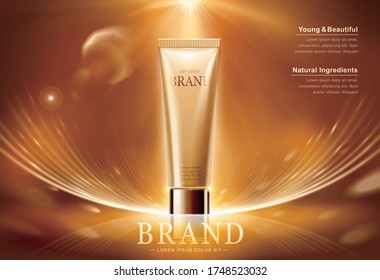 Face Lotion Ad Template, With Product Tube On Luxury Golden Light Ray Background, 3d Illustration