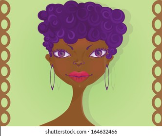 Face of a lovely African-American girl with afro hairstyle and big hoop earrings. Cartoon vector illustration