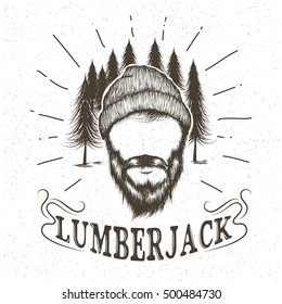 Face of lumberjack with beard and hat.Vector hand drawn illustration