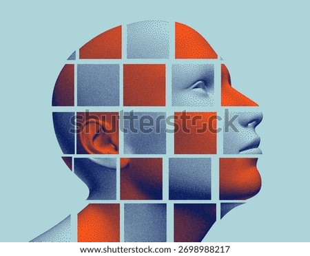 The face is made up of fragments. Mosaic. A concept in psychology. Time to think. Abstract digital human head. 3d vector illustration for business presentation, flyer or poster.