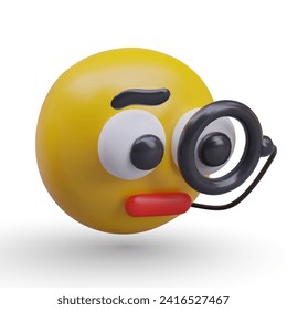 Face with magnifying glass in black frame. Yellow emoji with close study emotion concept. Vector illustration in 3d style with shadow and white background