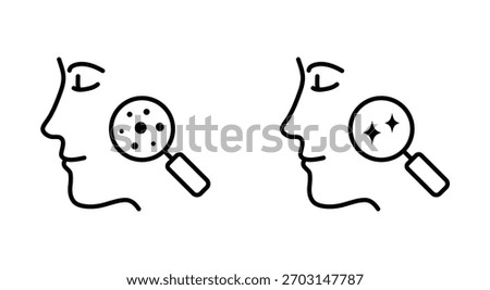 Face with magnifying glass icon, editable stroke. Problem skin and dermatology examination: acne and glossy skin. Before and after beauty treatment