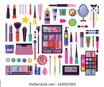 Face make up tools icon set. Beauty products and makeup kit for eyes, skin and lips. Cosmetic stuff and accessories with toiletry bag, palettes, mascara, brushes, mirror and eyelashes curling tongs.