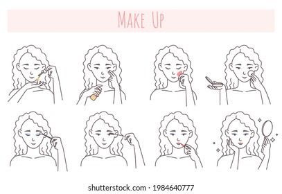 Face makeup application steps, vector illustration. Facial skin care routine, beauty procedure.