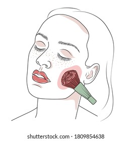 Face and make-up beauty vector line girl applying powder illustration in flat for website app, check list, certificate, beauty saloon. Cosmetic and maquillage, powder brush