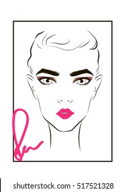 Face make-up chart. Trendy woman's makeup: brown smoky eyes, black eyeliner and thick lashes, bright pink lips. Makeup for a girl to the party. Fashion makeup vector illustration.
