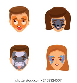 Face makeup icons set cartoon vector. Kid face with animal and hero painting. Children party