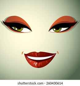 Face makeup, lips and eyes of an attractive woman displaying happiness.