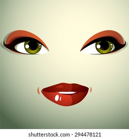 Face makeup, lips and eyes of an attractive woman displaying happiness.