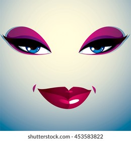 Face makeup, lips and eyes of an attractive woman displaying happiness.