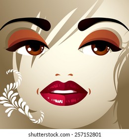 Gesichts-Make-up. Lippen, Augen und Augenbrauen einer attraktiven Frau mit Überraschung und Schock. Modischer weiblicher Haarschnitt.