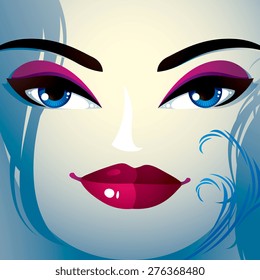Face makeup. Lips, eyes and eyebrows of an attractive woman displaying happiness. Fashionable female haircut.